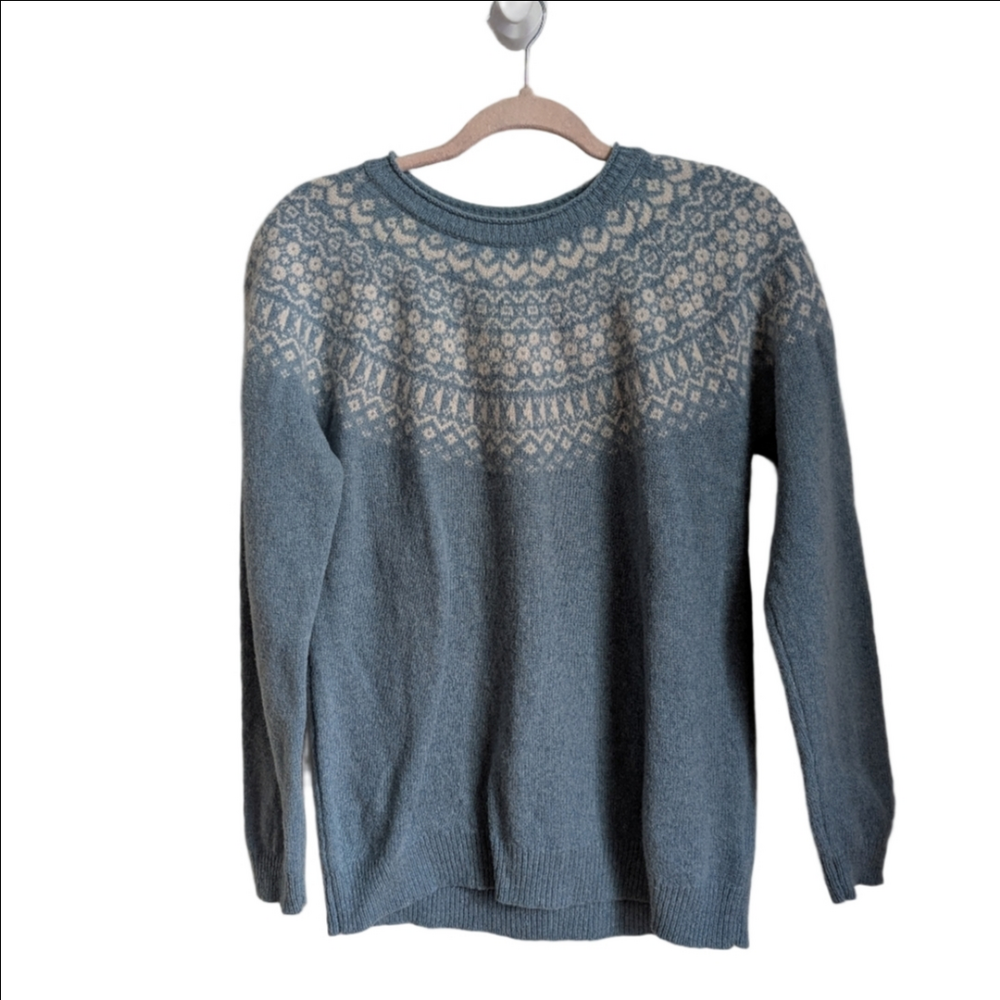 TABITHA WEBB Fait Isles Blue White Lambswool Knit Crewneck Sweater Size Medium